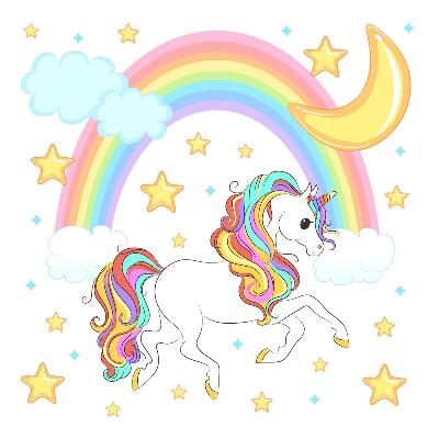 Autocolante perete130x233 Stele și lună cu unicorn colorat