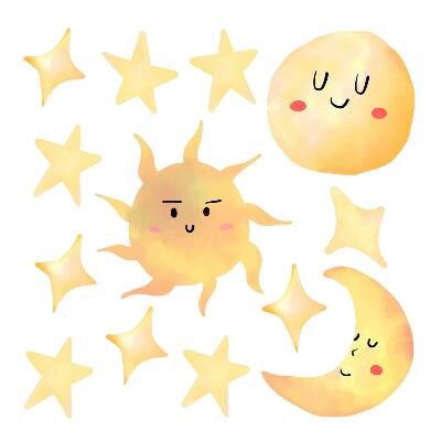 Autocolante perete130x194 Motive pastelate cu soare și lună în acuarelă