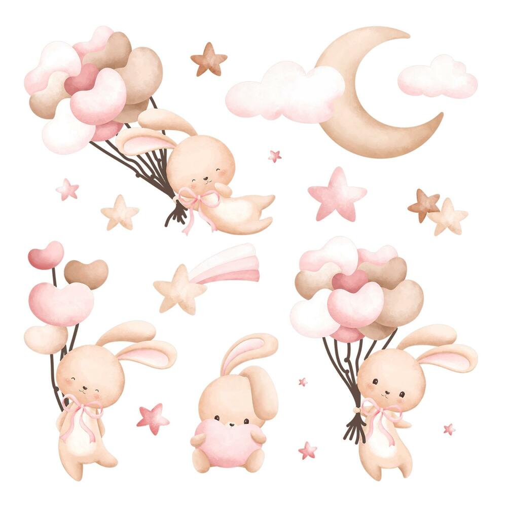 Autocolante perete130x234 Iepurași pastelați cu baloane în stil acuarelă