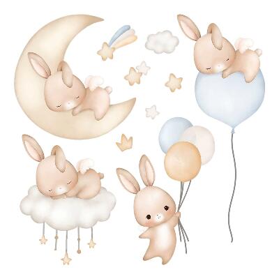 Autocolante perete130x114 Iepurași pastelați cu baloane într-o scenă nocturnă