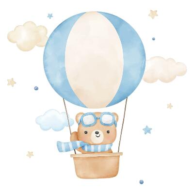Autocolante perete130x198 Ursuleț drăguț cu un balon în nori, acuarelă pastelată