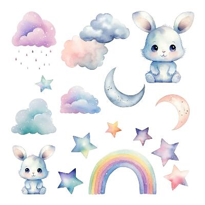 Autocolante perete130x174 Iepurași în acuarelă pe un cer curcubeu și luni