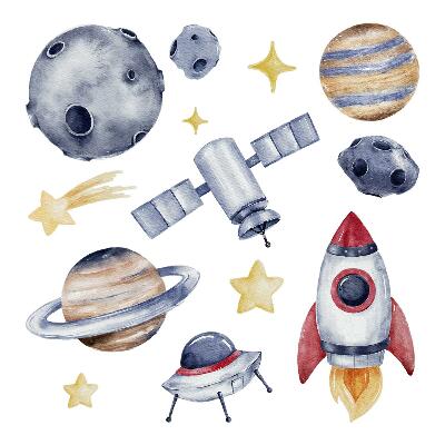 Autocolante perete130x190 Planete în acuarelă în stil galactic