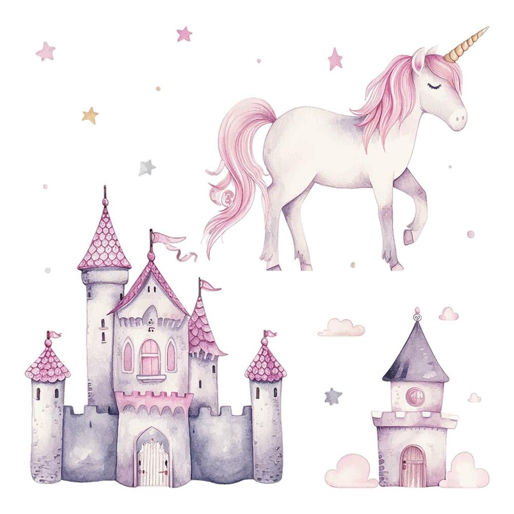 Autocolante perete130x213 Unicorn într-un castel cu baloane pastelate