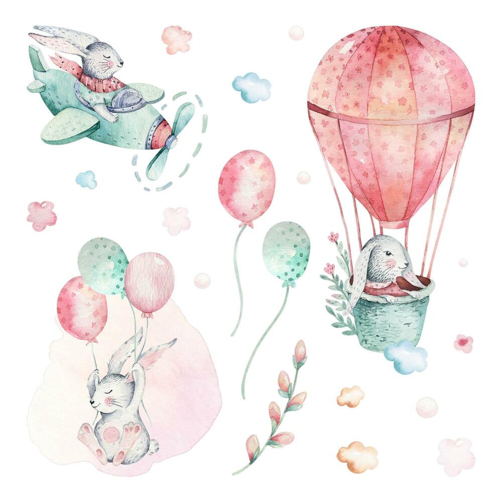 Autocolante perete130x153 Iepurași drăguți în acuarelă pe fundalul cerului