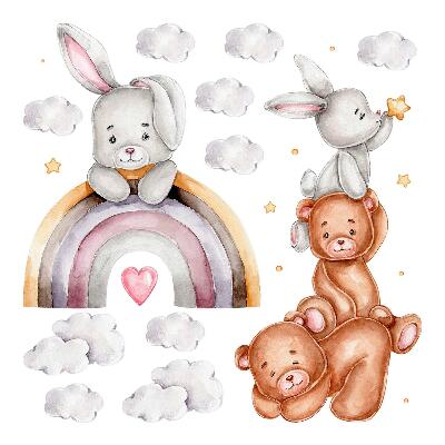 Autocolante perete130x218 Iepurași și nori minunați în culori delicate