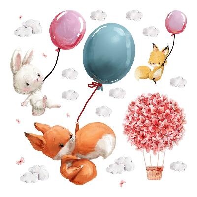 Autocolante perete130x165 Animale în acuarelă pastel cu baloane în nori