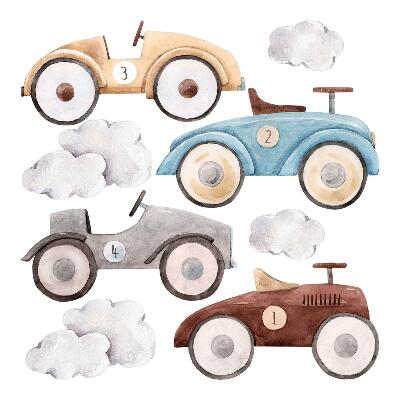 Autocolante perete130x204 Mașini în culori pastelate și nori delicați