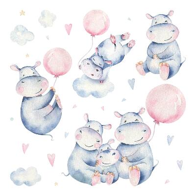 Autocolante perete130x220 Hipopotami drăguți înconjurați de nori și baloane