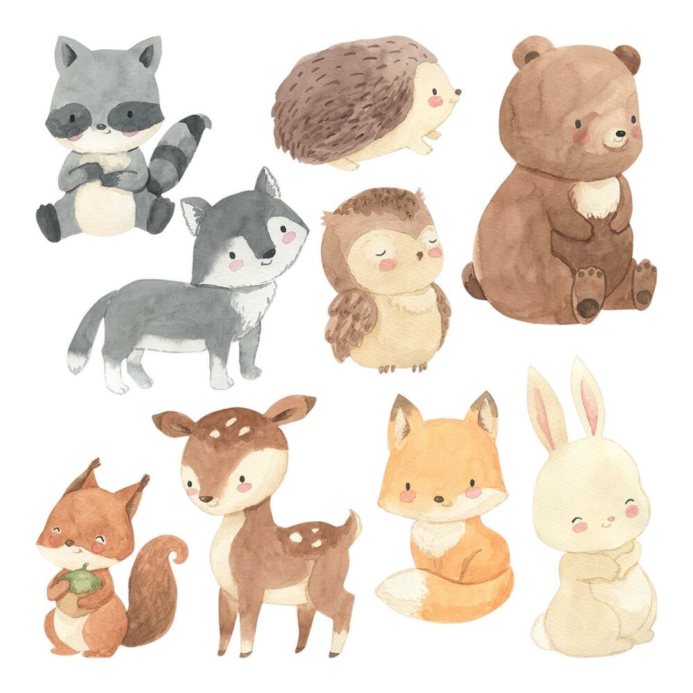 Autocolante perete130x226 Ilustrații drăguțe în acuarelă cu animale din pădure