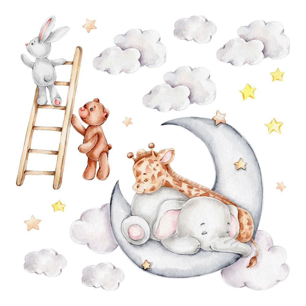 Autocolante perete130x177 Acuarele lunare cu animale și nori