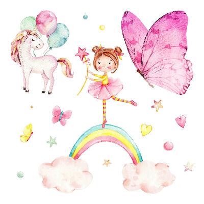 Autocolante perete130x170 Fată pe un curcubeu cu fluturi și un unicorn