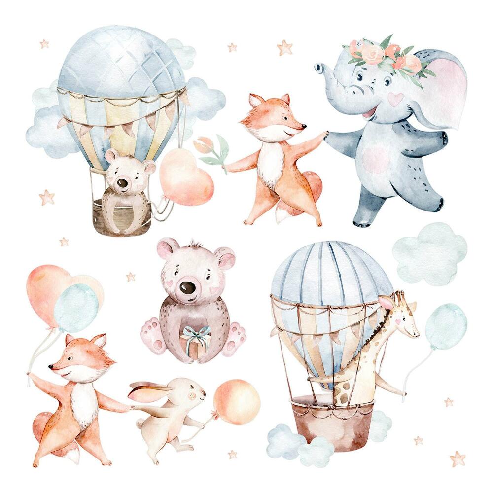 Autocolante perete130x228 Animale în culori pastelate cu baloane