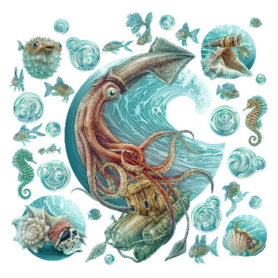 Autocolante perete130x125 Un tărâm subacvatic al animalelor pastelate