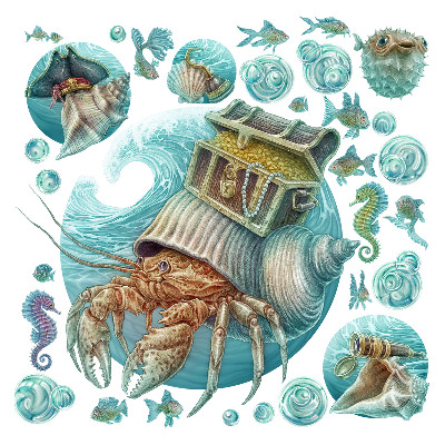 Autocolante perete130x137 Animale marine stilizate în culori pastelate