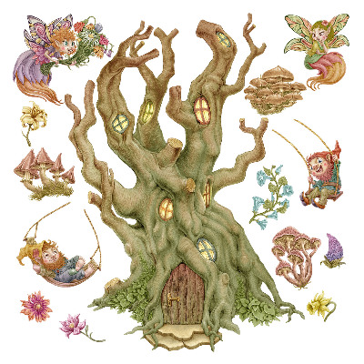 Autocolante perete130x209 Pitici și zâne într-o pădure pastelată