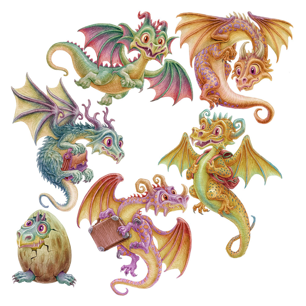 Autocolante perete130x111 Dragoni de desene animate în nuanțe pastelate