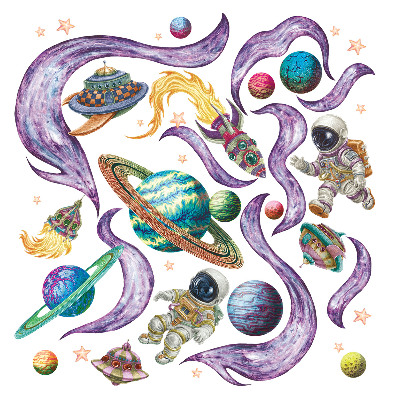 Autocolante perete130x224 Rachete spațiale și planete în stil desen animat